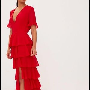 NWT Red Chiffon Ruffle Layer Maxi Dress
